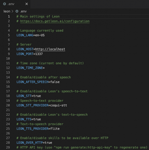 Die Konfigurationswerte von Leon stehen in der .env-Datei im Hauptordner. (Screenshot: Thorsten Müller)